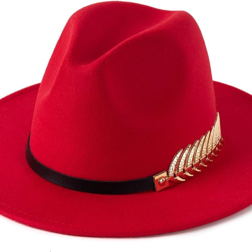 Stylish Red Fedora Panama Hat Women Wide Brim Buckle